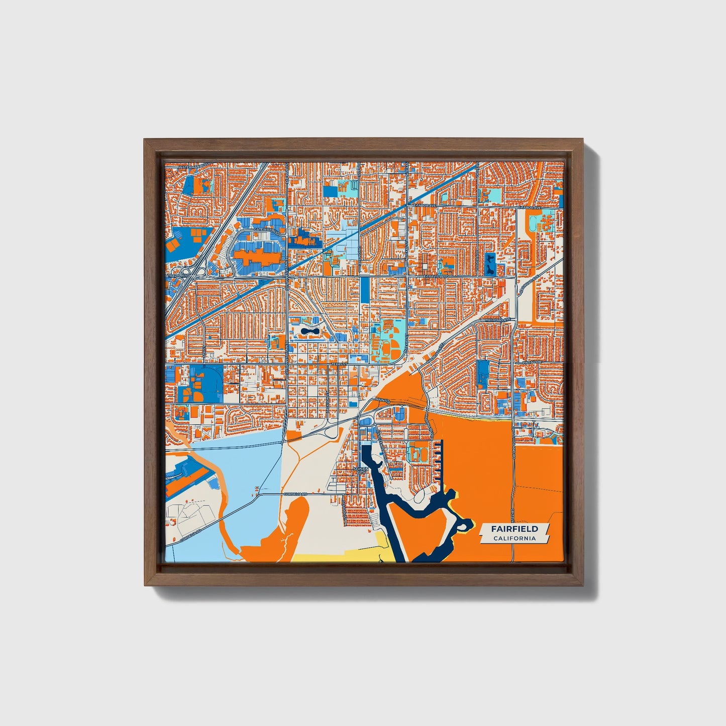 Fairfield California Colorful City Map Canvas Print • Dark Wooden Framed