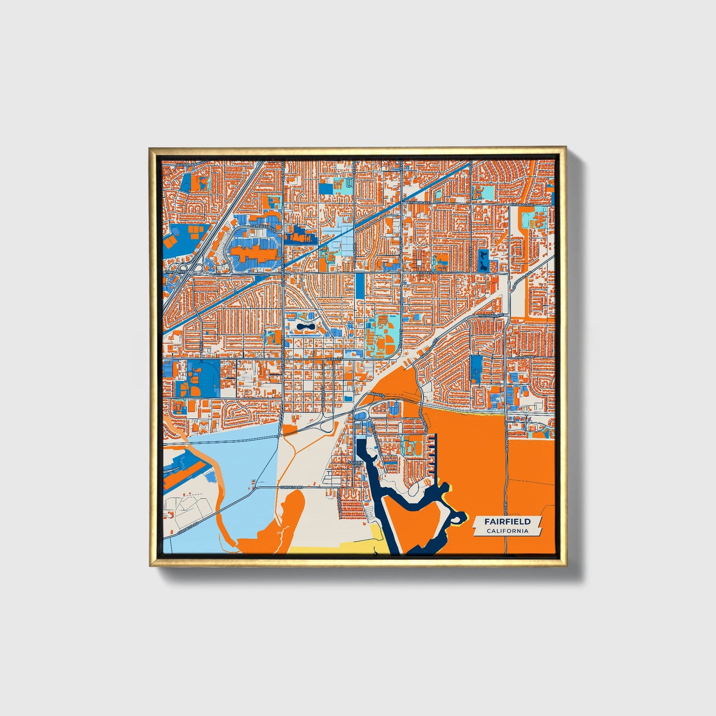 Fairfield California Colorful City Map Canvas Print • Gold Framed