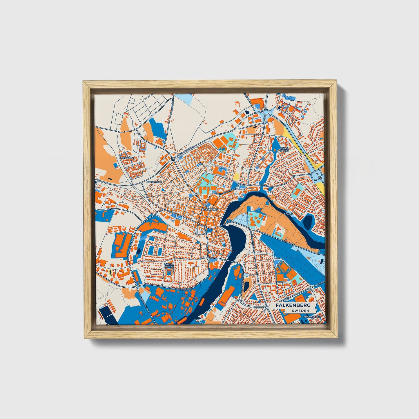Falkenberg Sweden Colorful City Map Canvas Print • Natural Wooden Framed