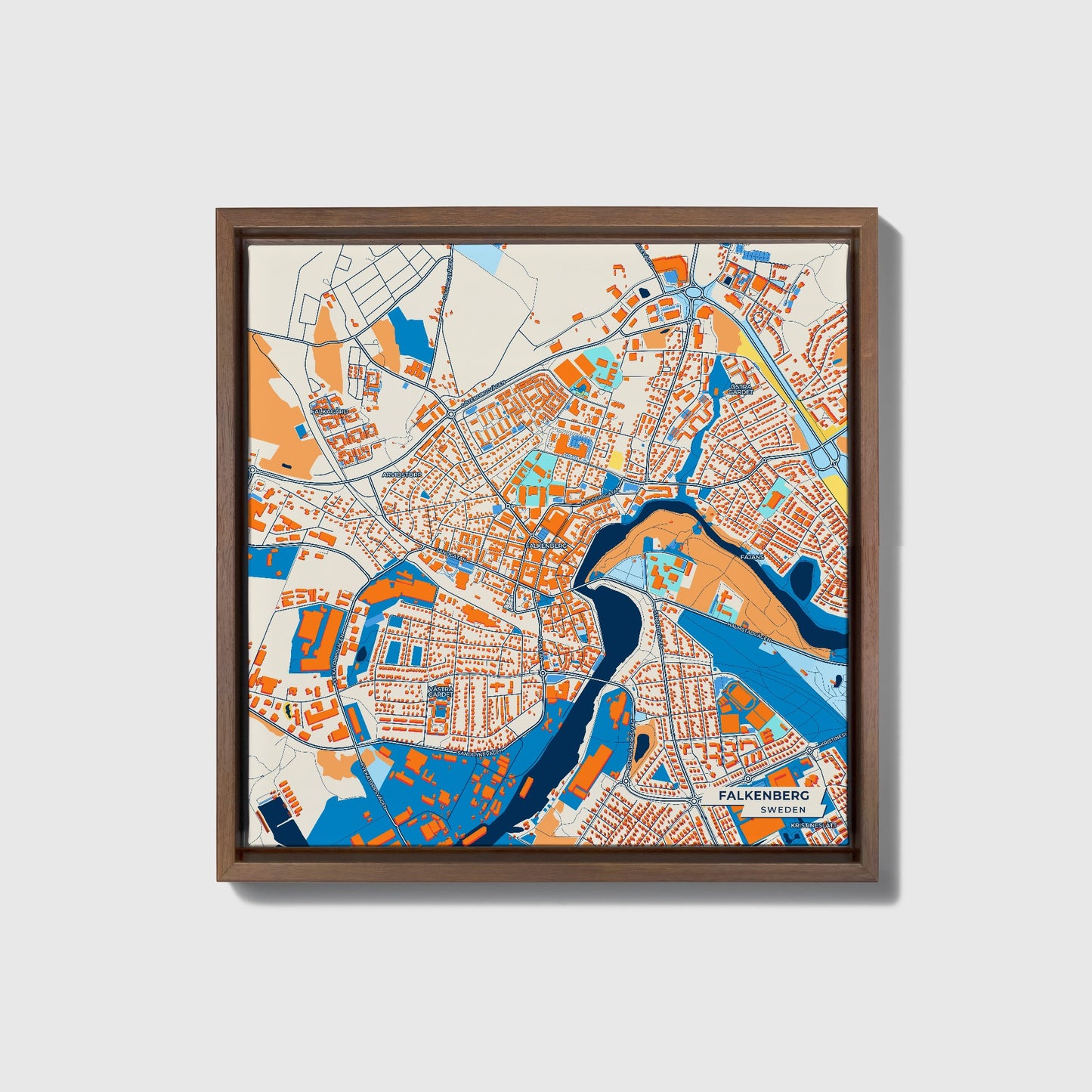 Falkenberg Sweden Colorful City Map Canvas Print • Dark Wooden Framed