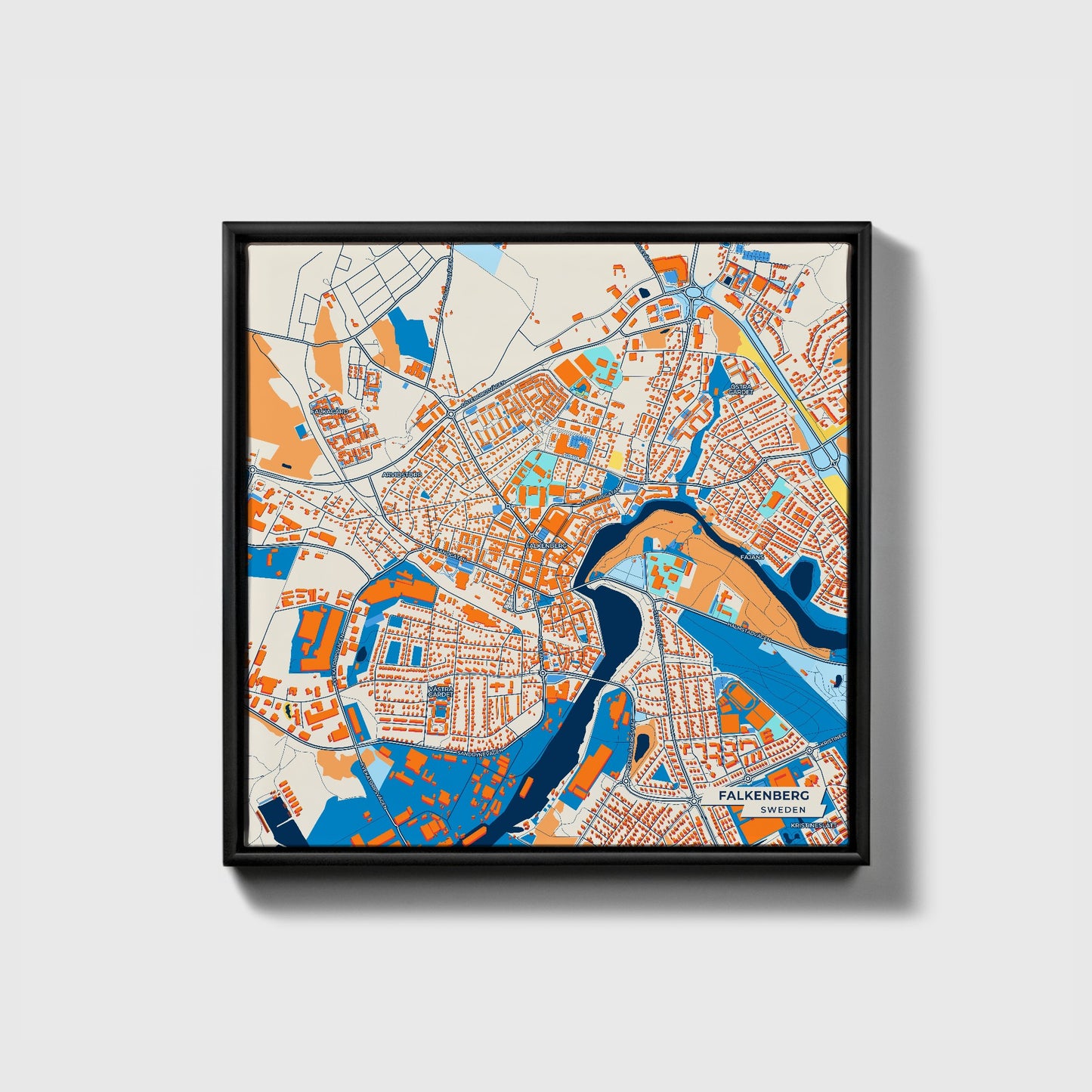Falkenberg Sweden Colorful City Map Canvas Print • Black Framed