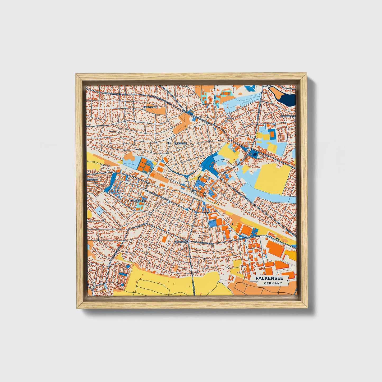 Falkensee Germany Colorful City Map Canvas Print • Natural Wooden Framed