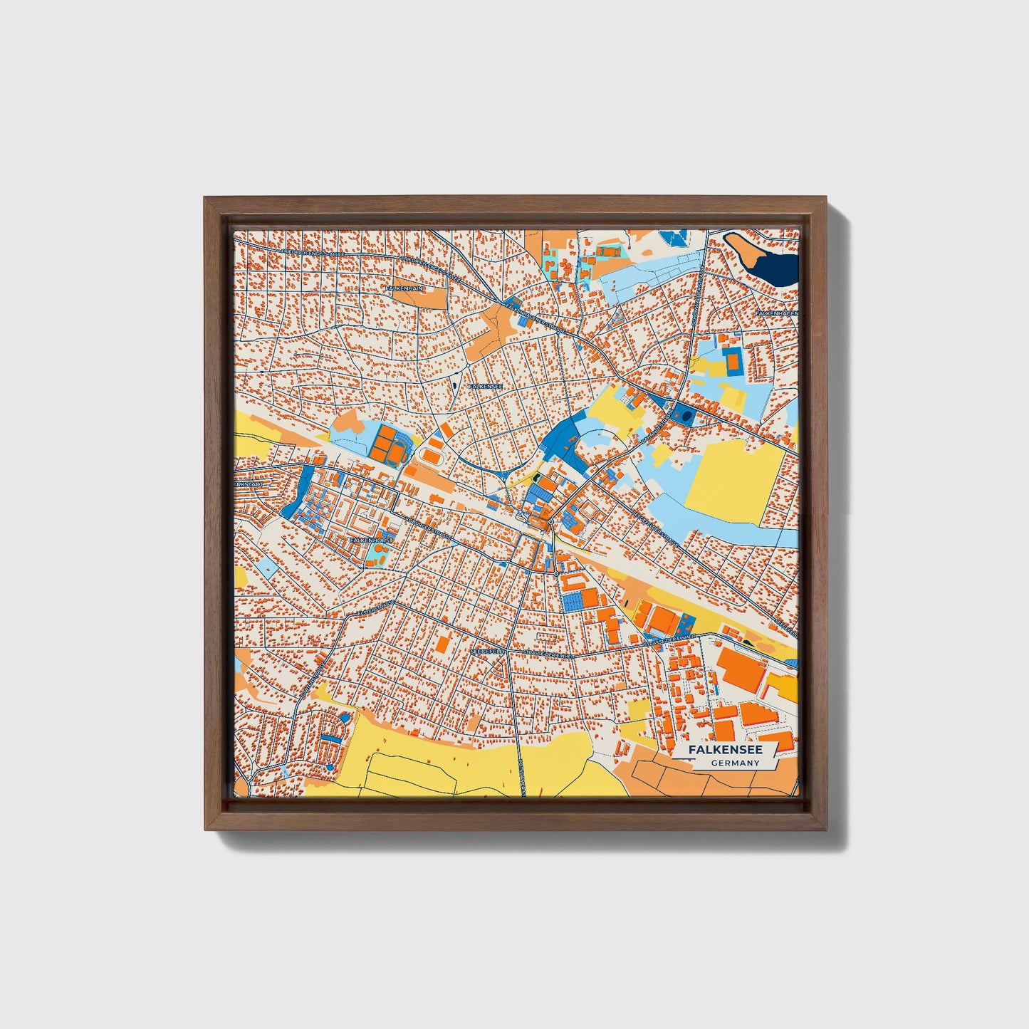 Falkensee Germany Colorful City Map Canvas Print • Dark Wooden Framed
