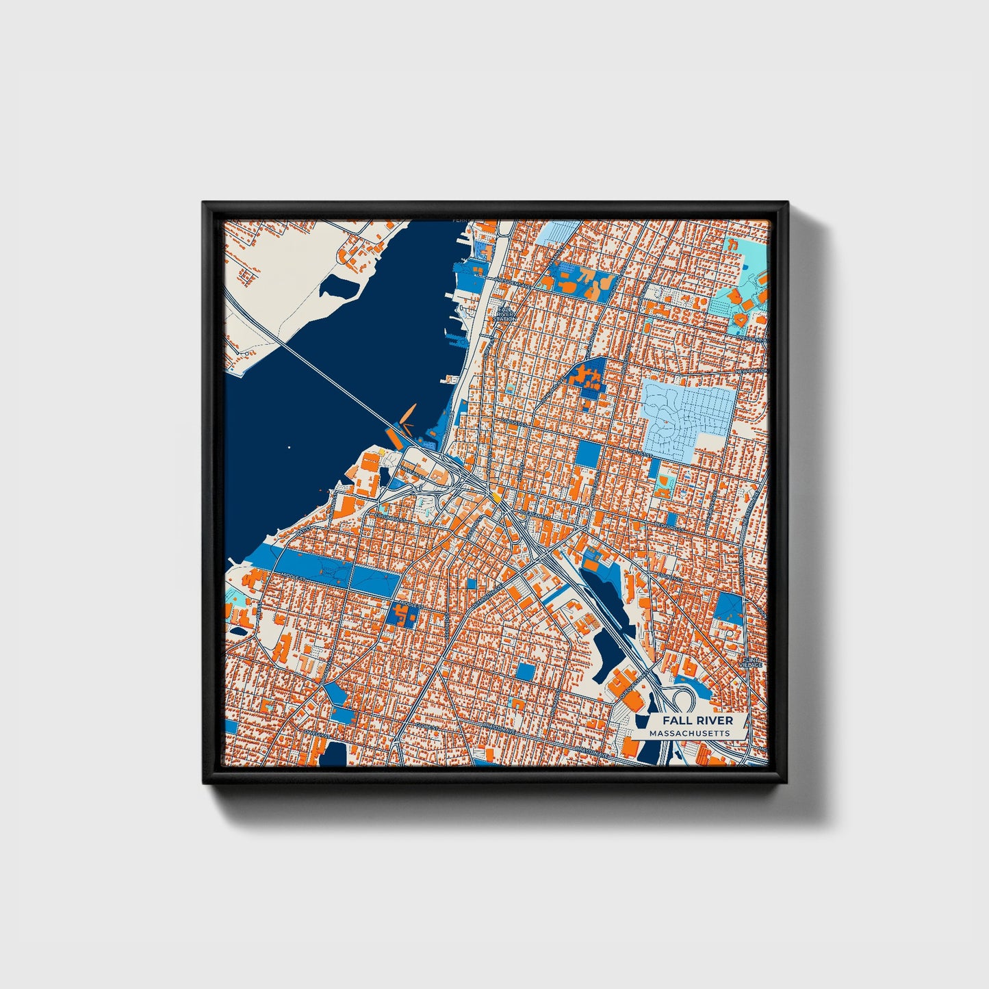 Fall River Massachusetts Colorful City Map Canvas Print • Black Framed