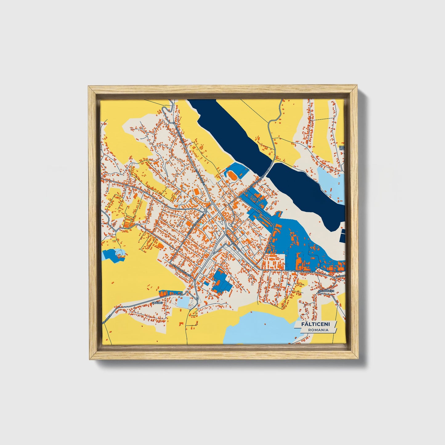 Fălticeni Romania Colorful City Map Canvas Print • Natural Wooden Framed