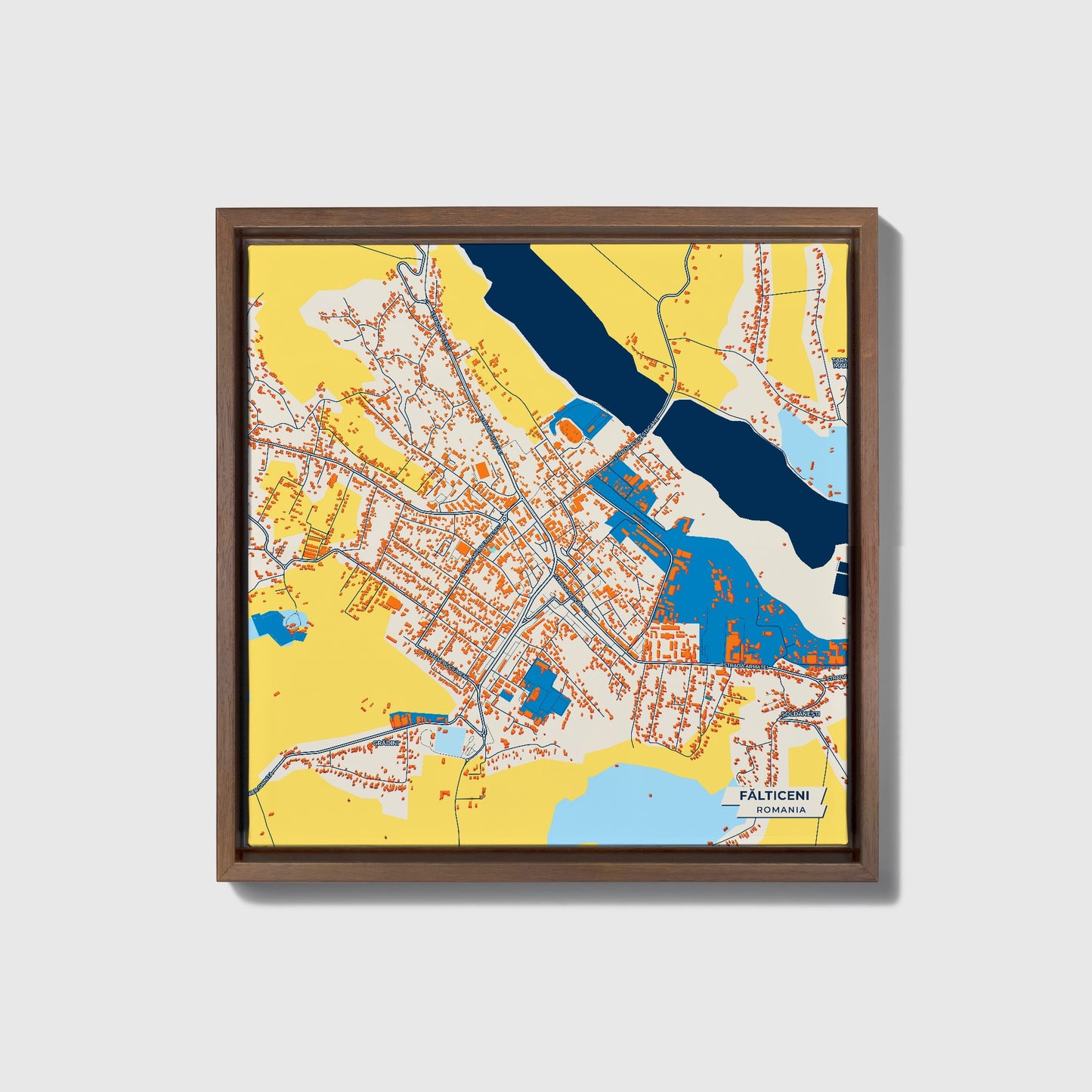 Fălticeni Romania Colorful City Map Canvas Print • Dark Wooden Framed