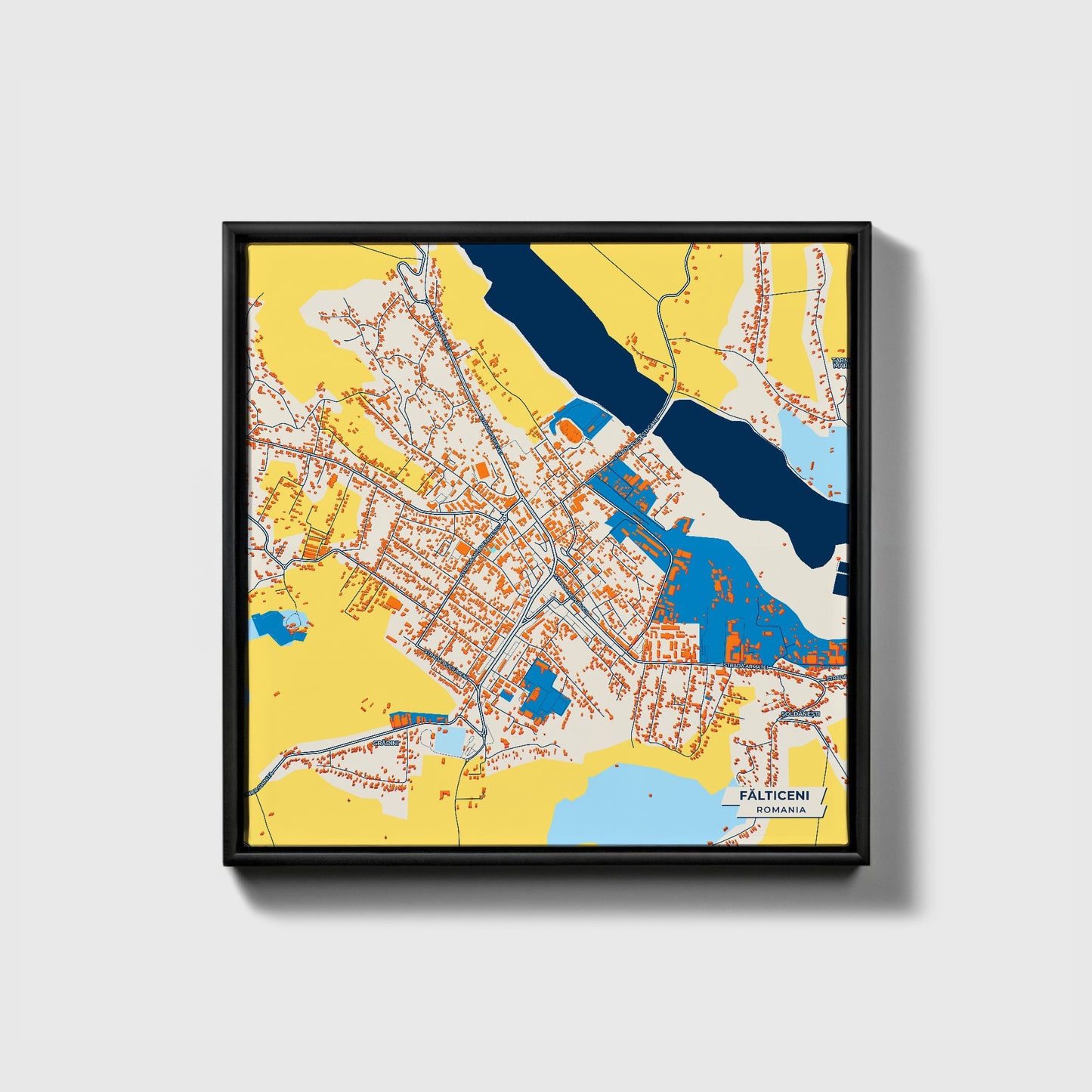 Fălticeni Romania Colorful City Map Canvas Print • Black Framed