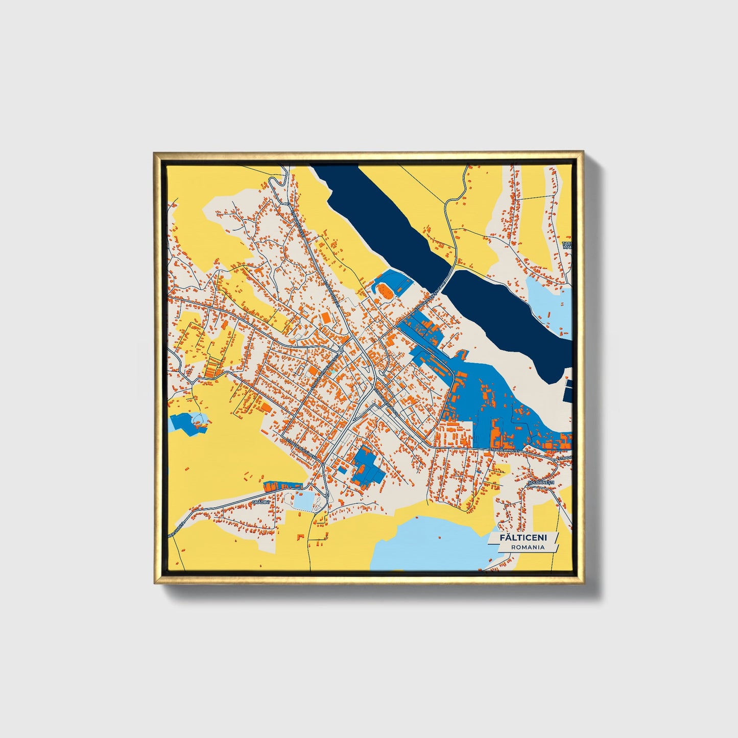 Fălticeni Romania Colorful City Map Canvas Print • Gold Framed