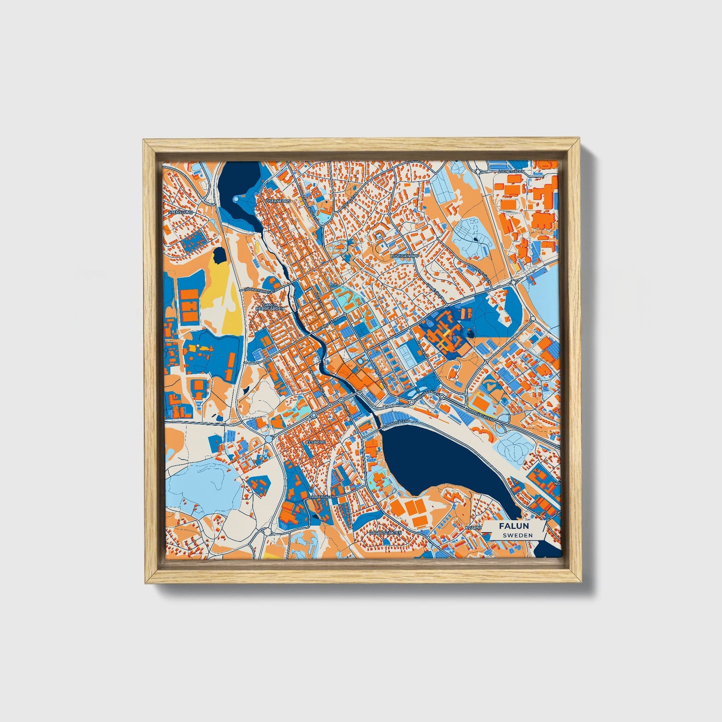 Falun Sweden Colorful City Map Canvas Print • Natural Wooden Framed