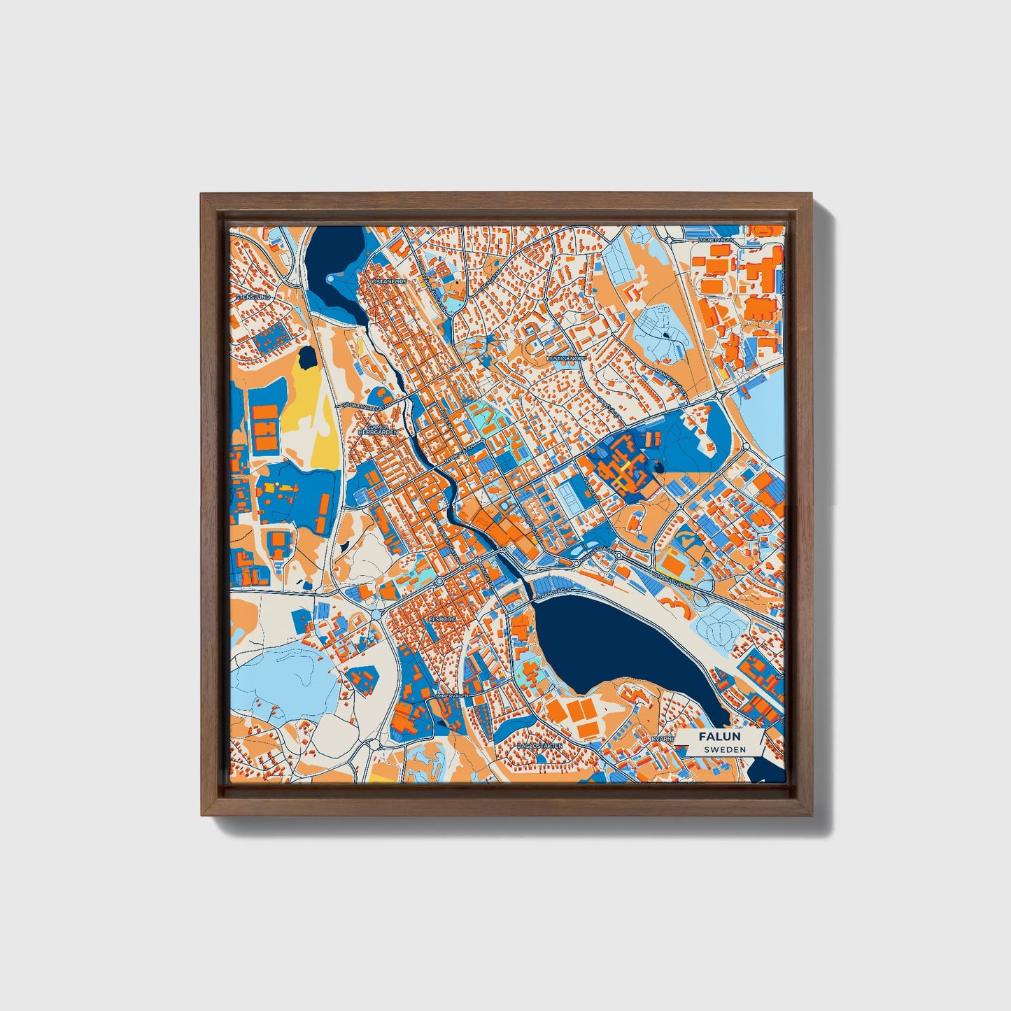 Falun Sweden Colorful City Map Canvas Print • Dark Wooden Framed