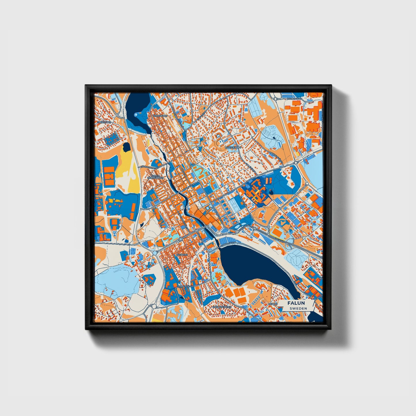 Falun Sweden Colorful City Map Canvas Print • Black Framed