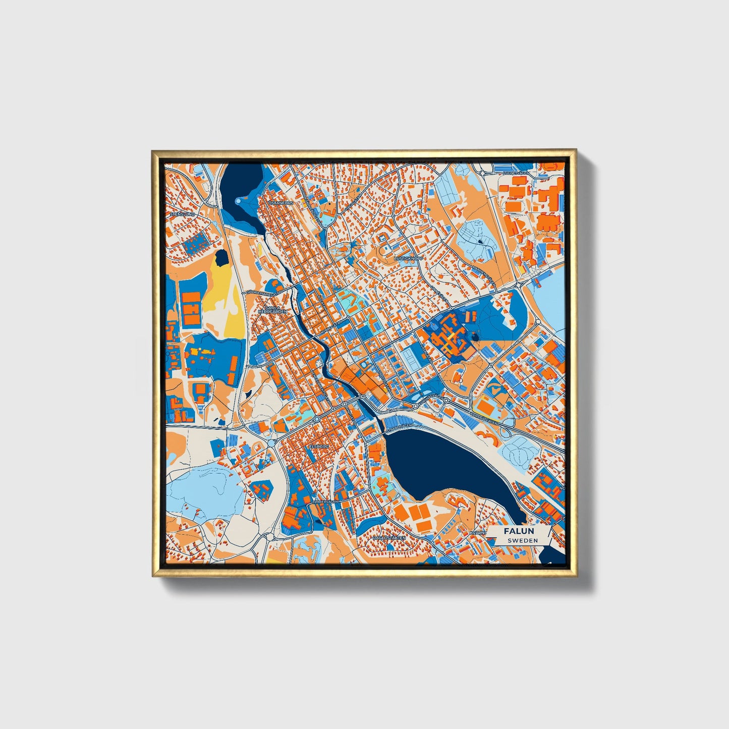 Falun Sweden Colorful City Map Canvas Print • Gold Framed