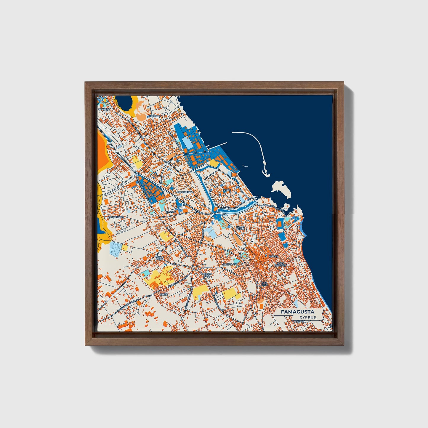 Famagusta   Cyprus Colorful City Map Canvas Print • Dark Wooden Framed