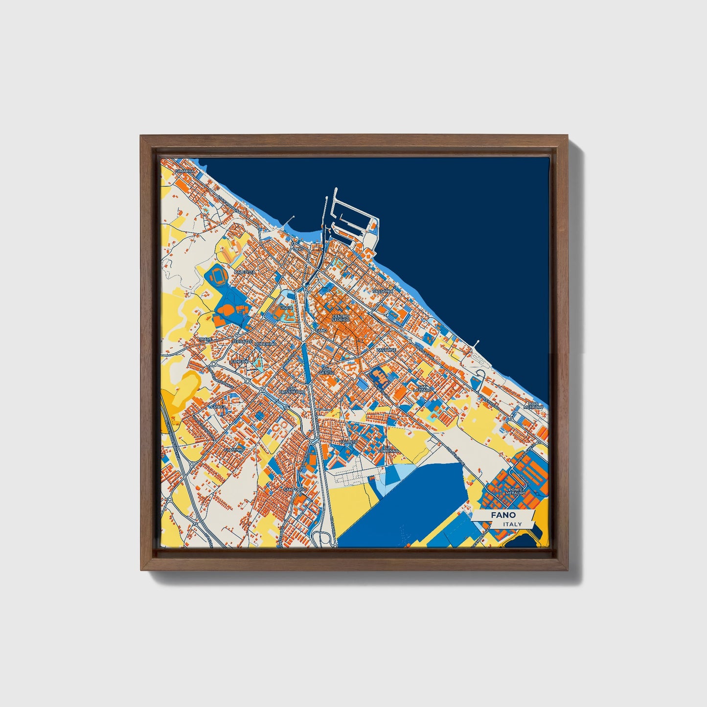 Fano Italy Colorful City Map Canvas Print • Dark Wooden Framed