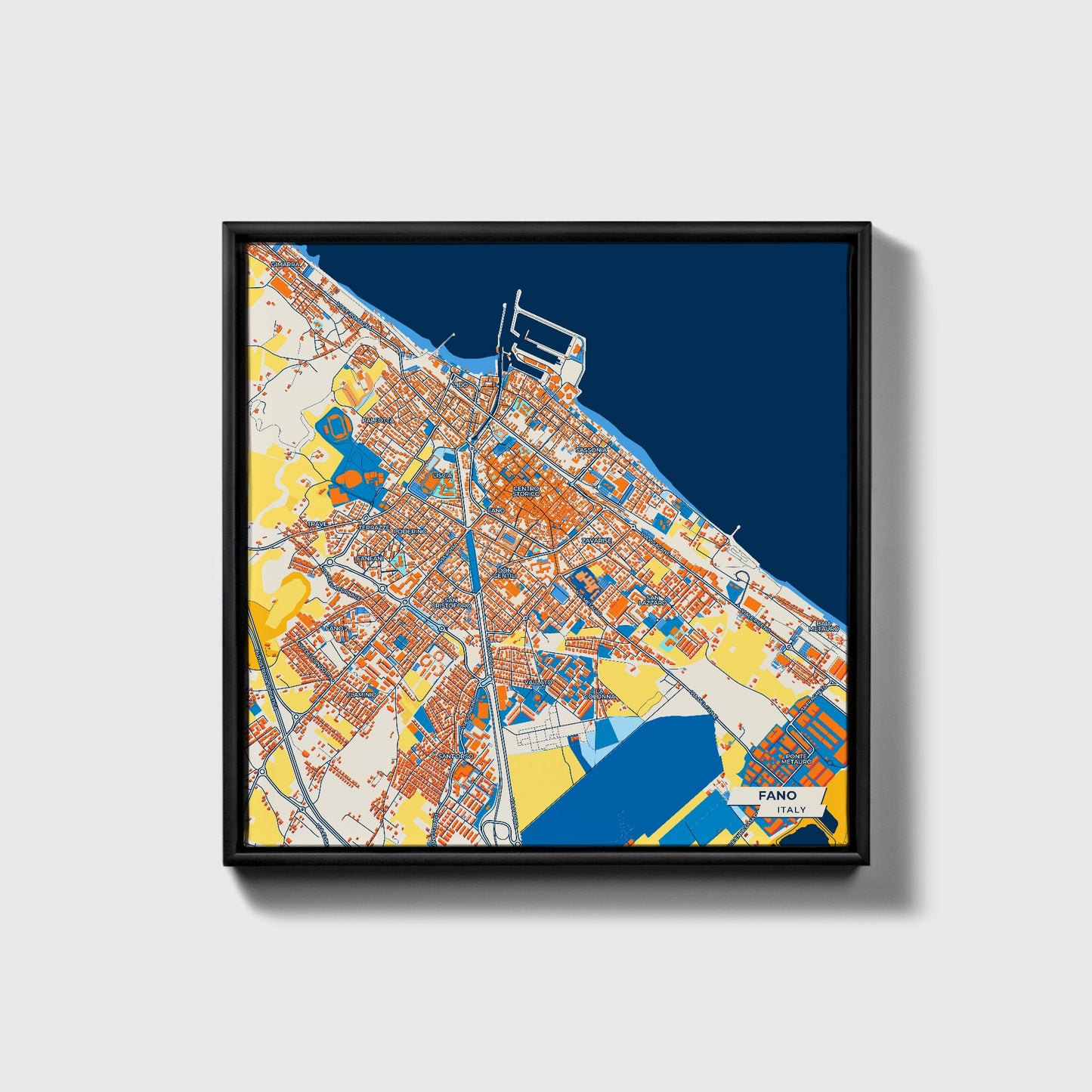 Fano Italy Colorful City Map Canvas Print • Black Framed