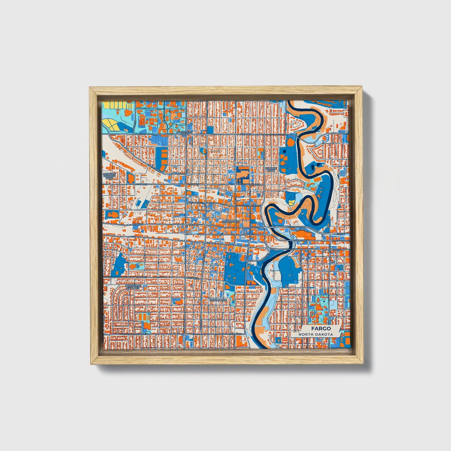 Fargo North Dakota Colorful City Map Canvas Print • Natural Wooden Framed