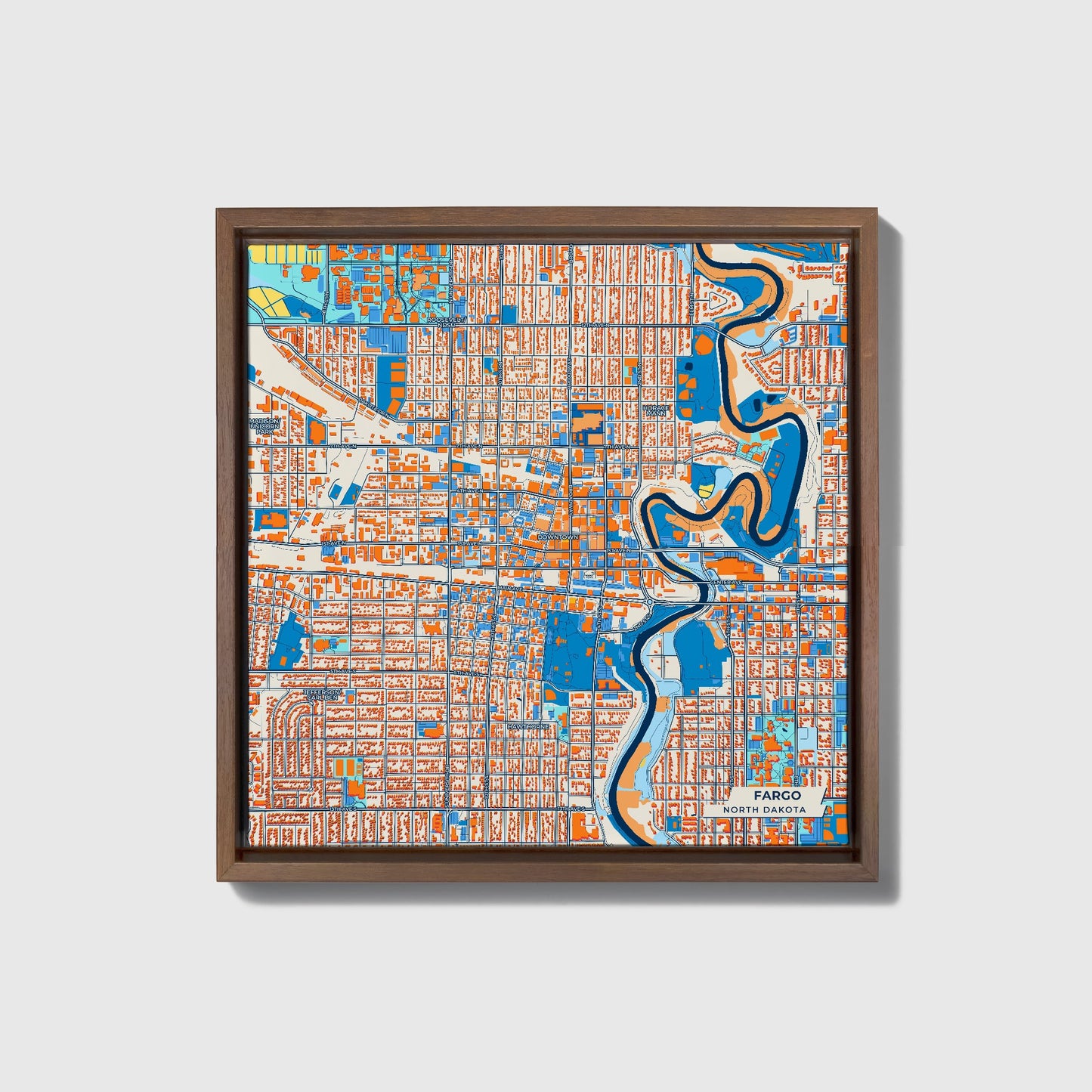 Fargo North Dakota Colorful City Map Canvas Print • Dark Wooden Framed