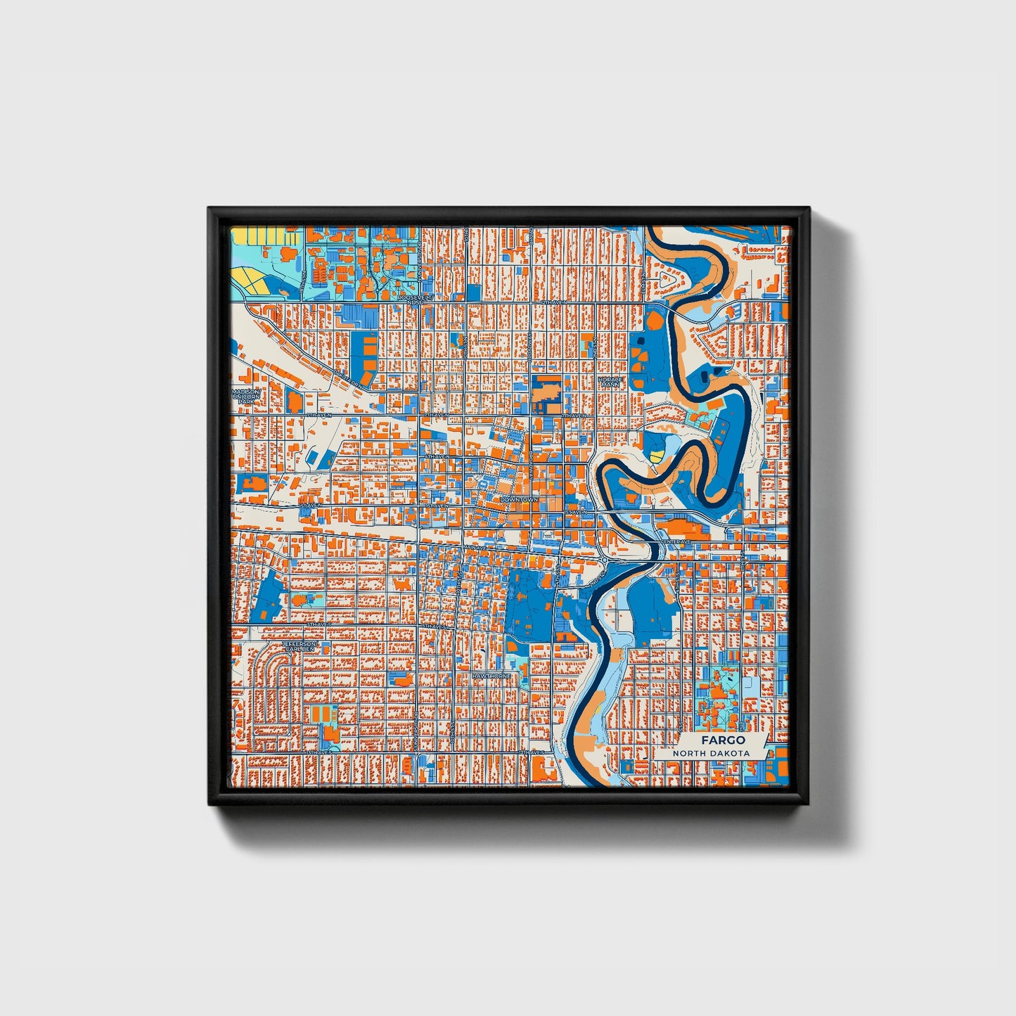 Fargo North Dakota Colorful City Map Canvas Print • Black Framed
