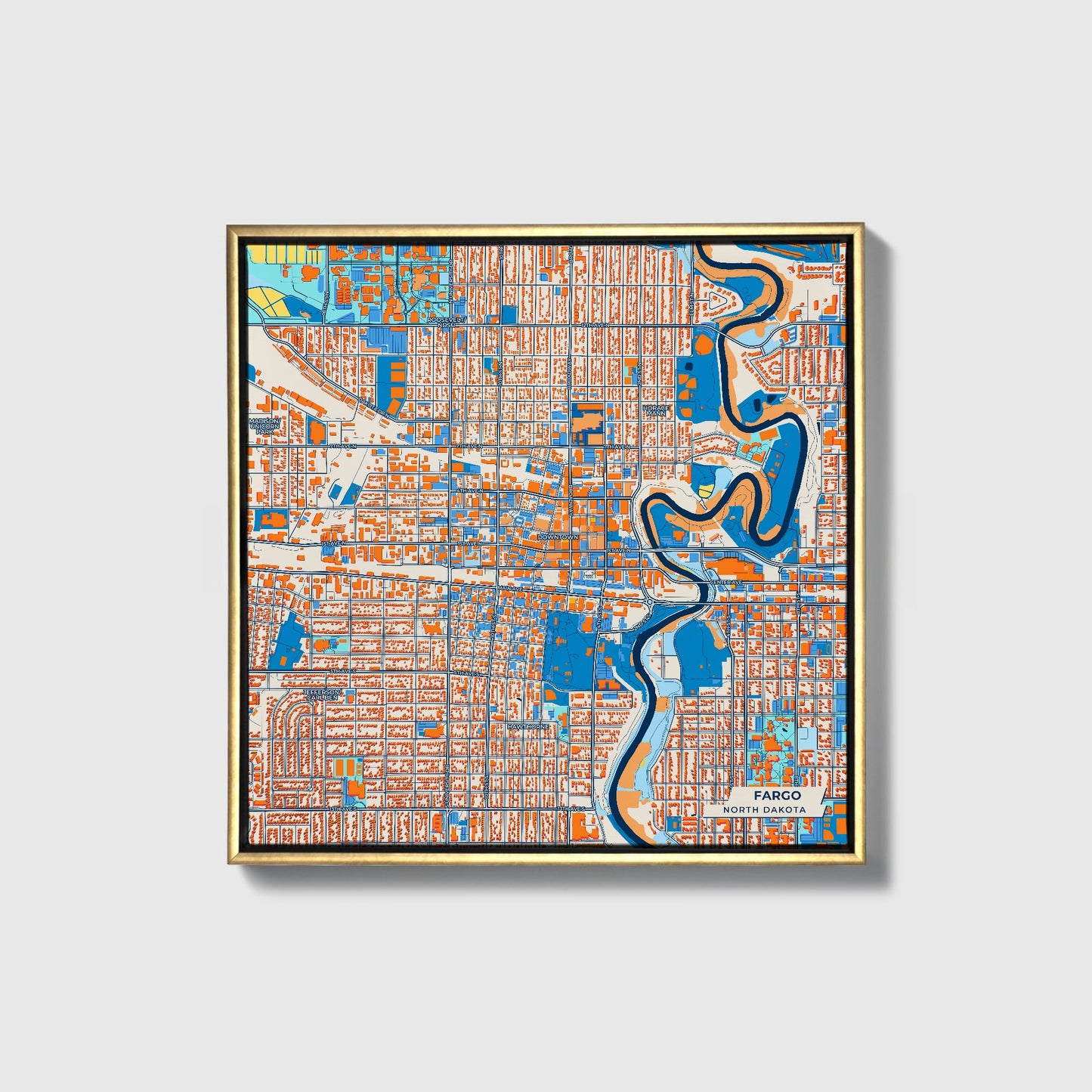 Fargo North Dakota Colorful City Map Canvas Print • Gold Framed