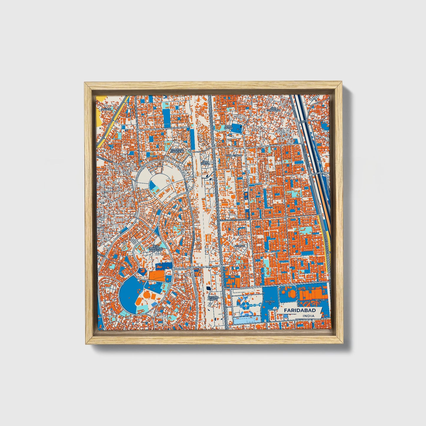 Faridabad India Colorful City Map Canvas Print • Natural Wooden Framed