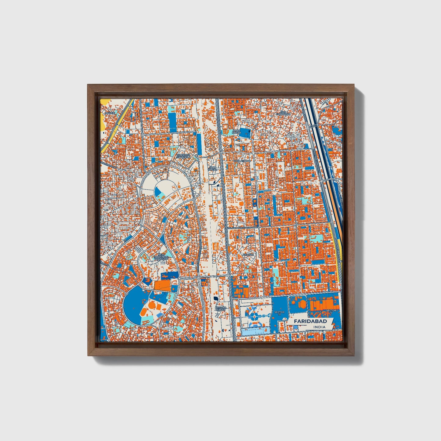 Faridabad India Colorful City Map Canvas Print • Dark Wooden Framed