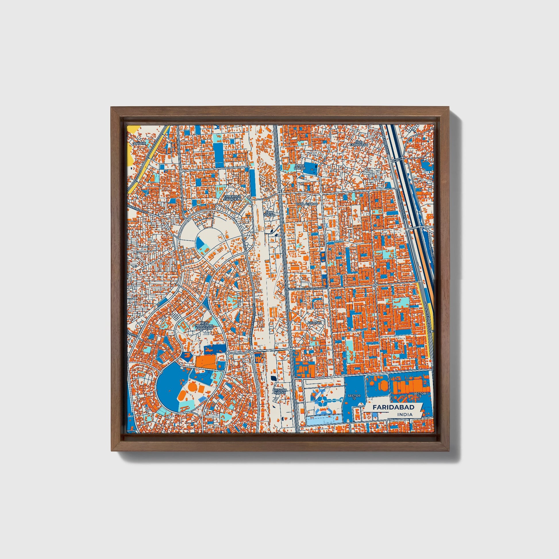 Faridabad India Colorful City Map Canvas Print • Dark Wooden Framed