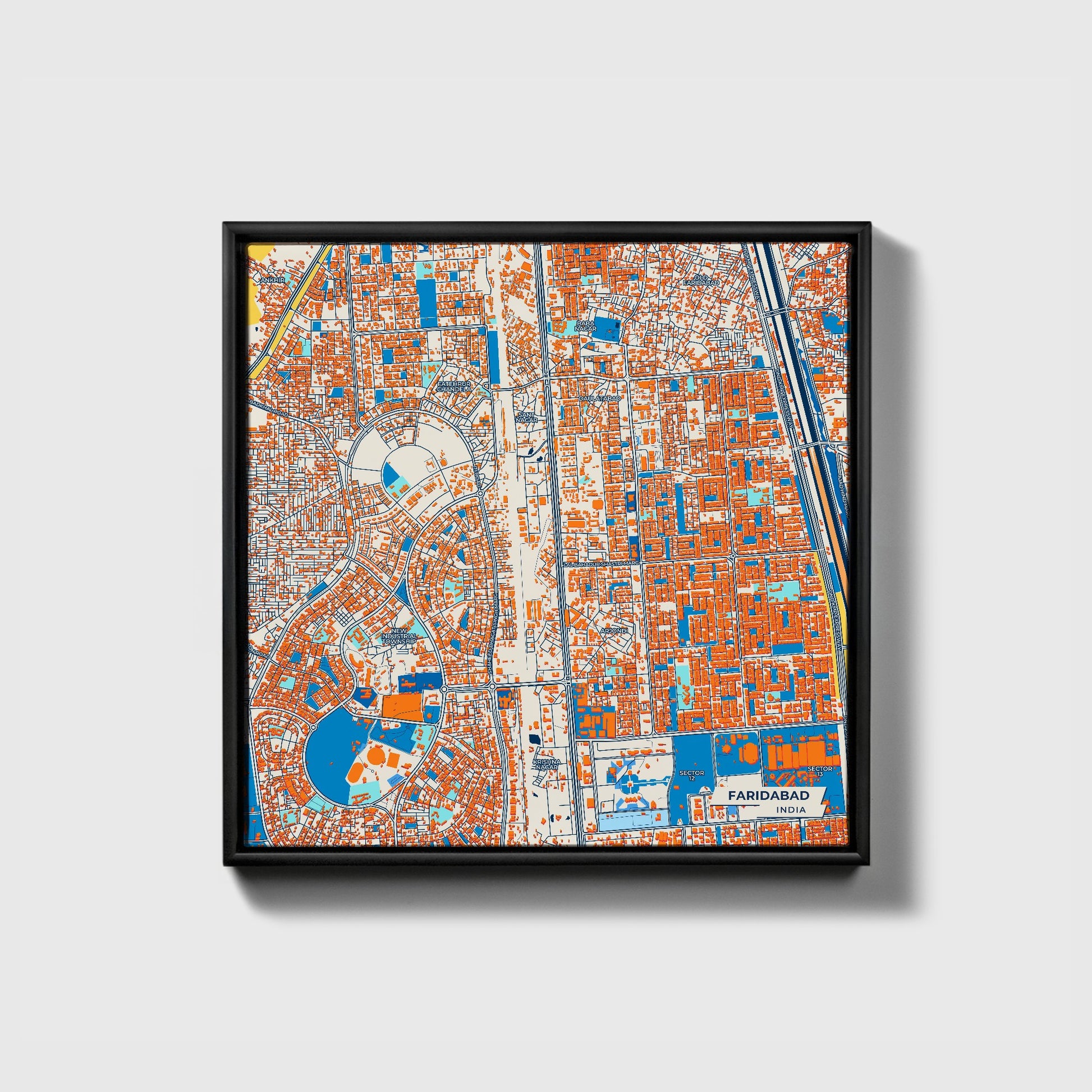 Faridabad India Colorful City Map Canvas Print • Black Framed