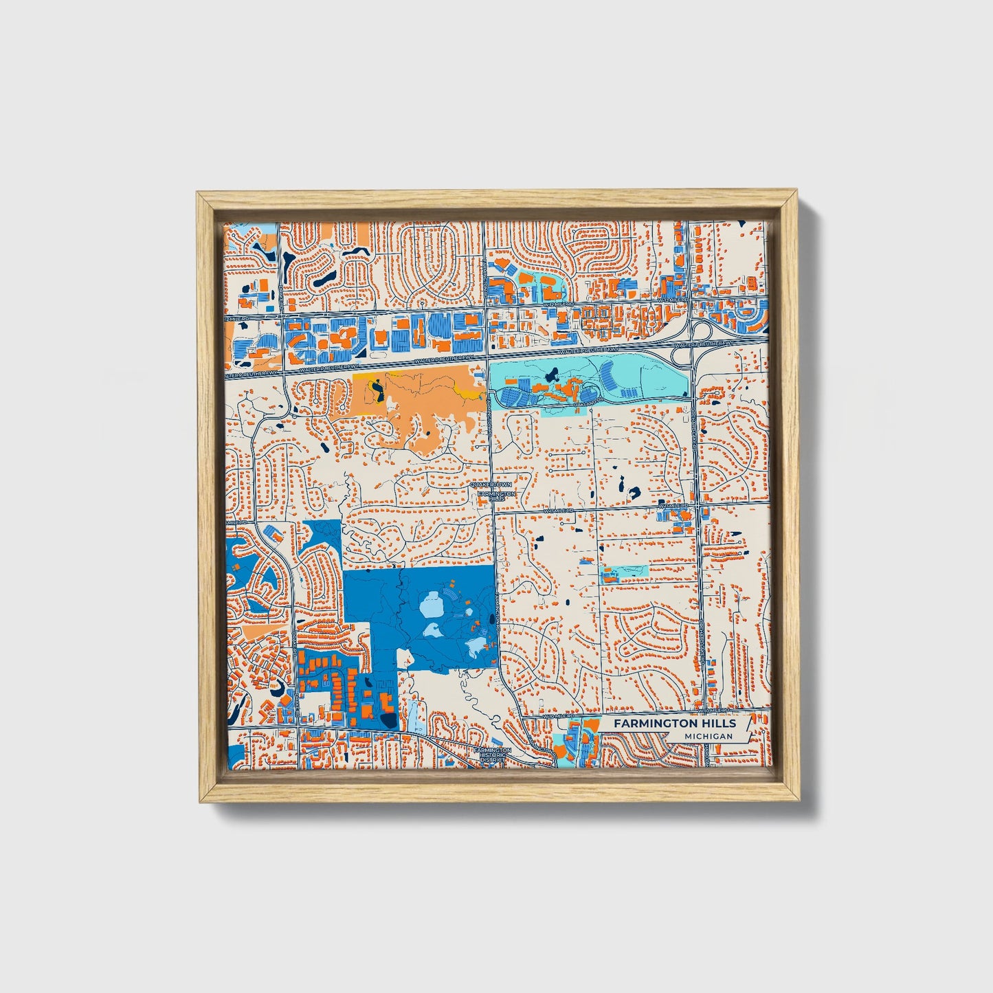 Farmington Hills Michigan Colorful City Map Canvas Print • Natural Wooden Framed