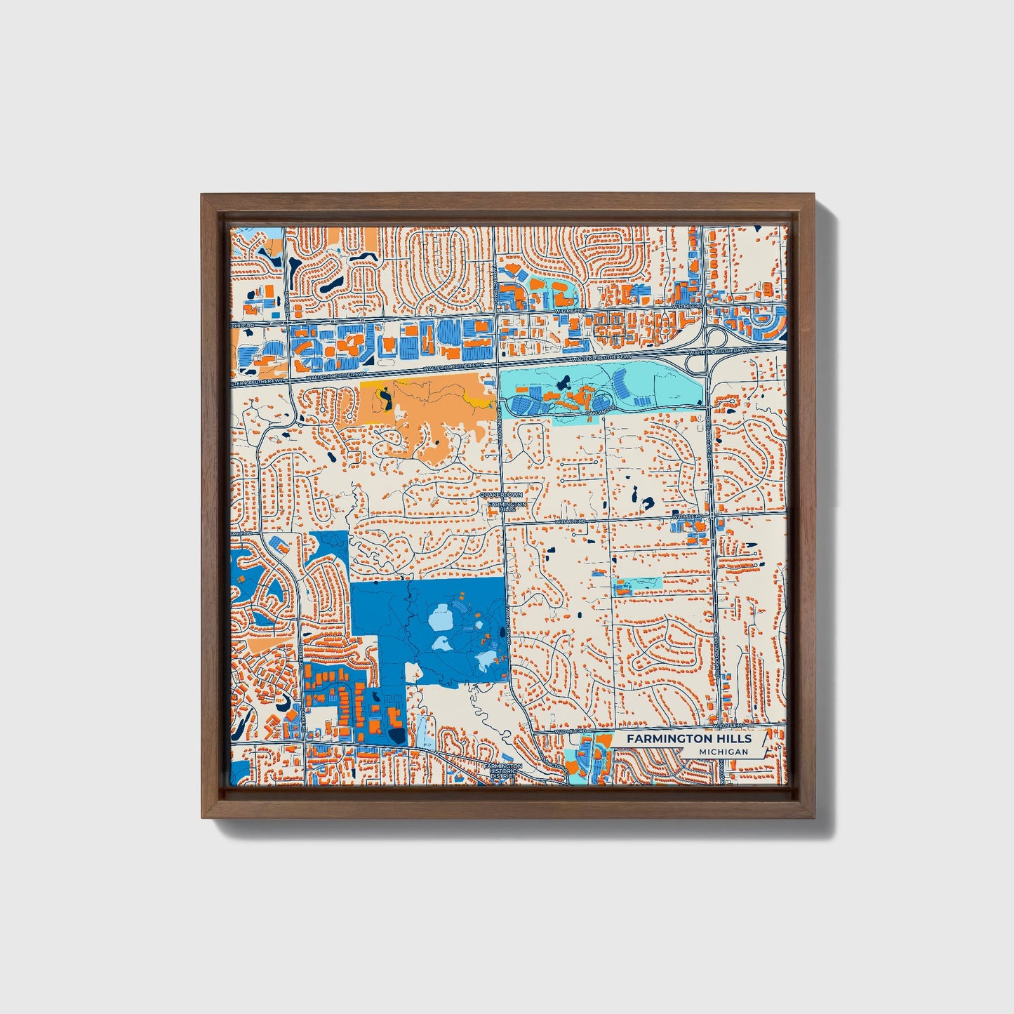 Farmington Hills Michigan Colorful City Map Canvas Print • Dark Wooden Framed