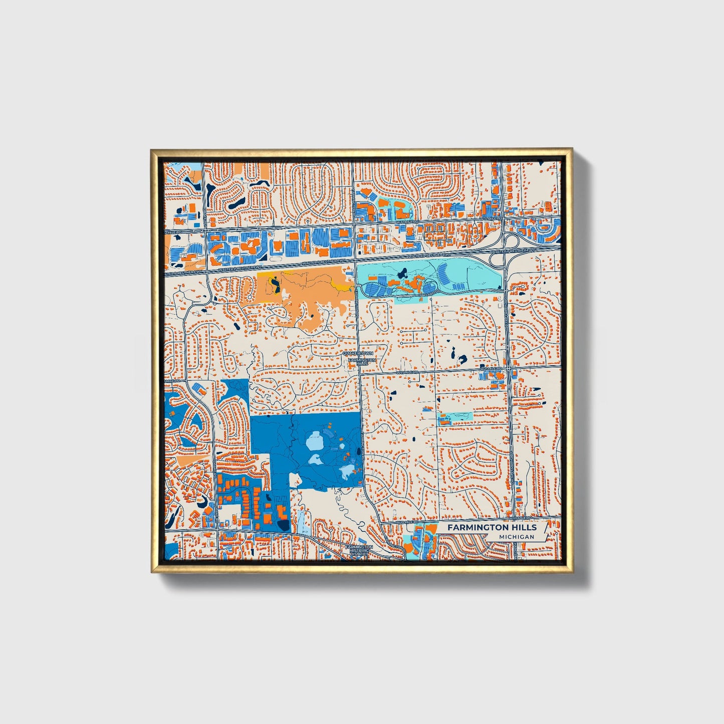 Farmington Hills Michigan Colorful City Map Canvas Print • Gold Framed