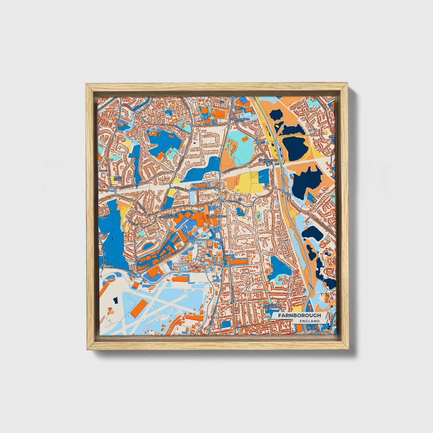 Farnborough England Colorful City Map Canvas Print • Natural Wooden Framed