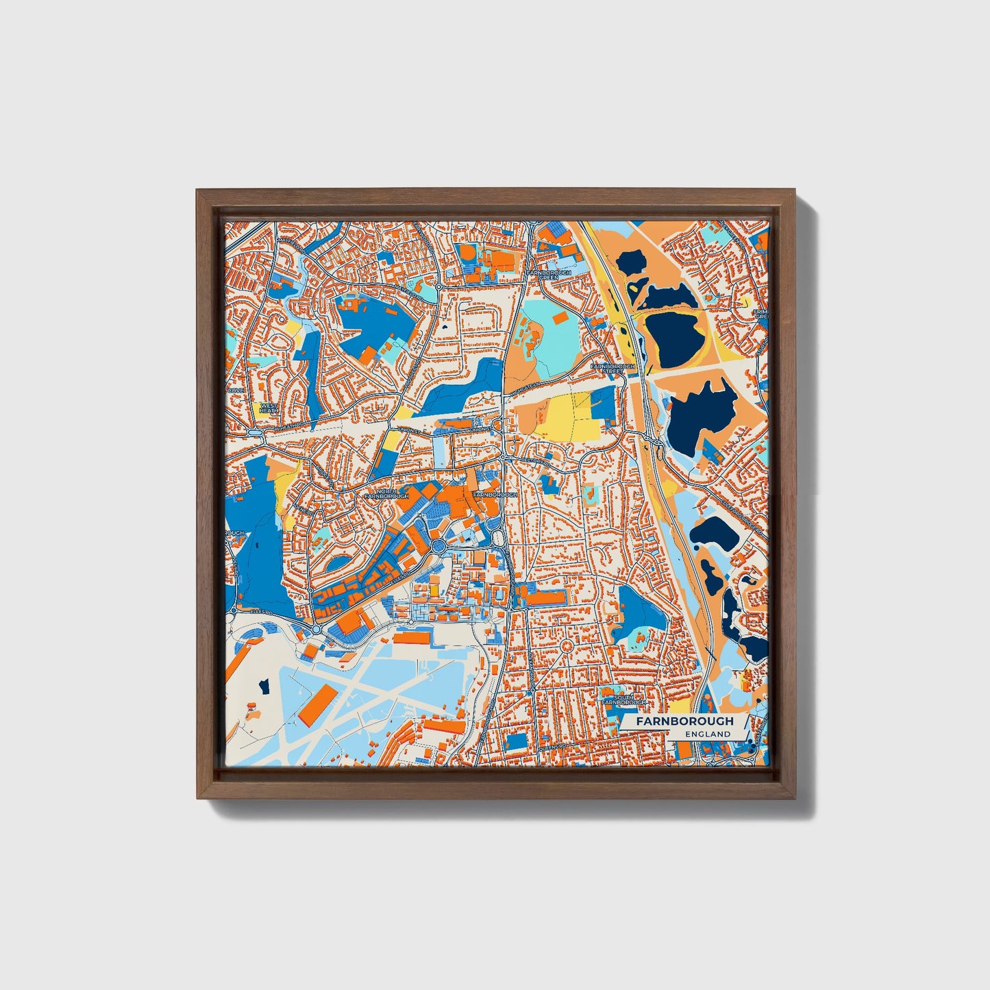 Farnborough England Colorful City Map Canvas Print • Dark Wooden Framed