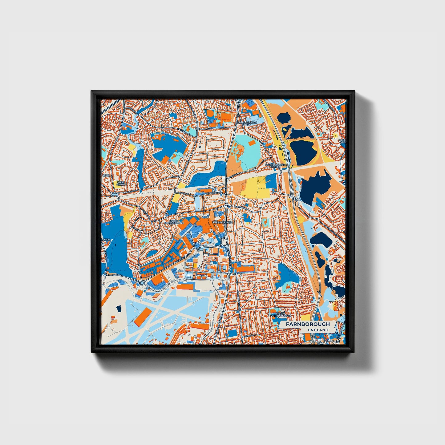 Farnborough England Colorful City Map Canvas Print • Black Framed
