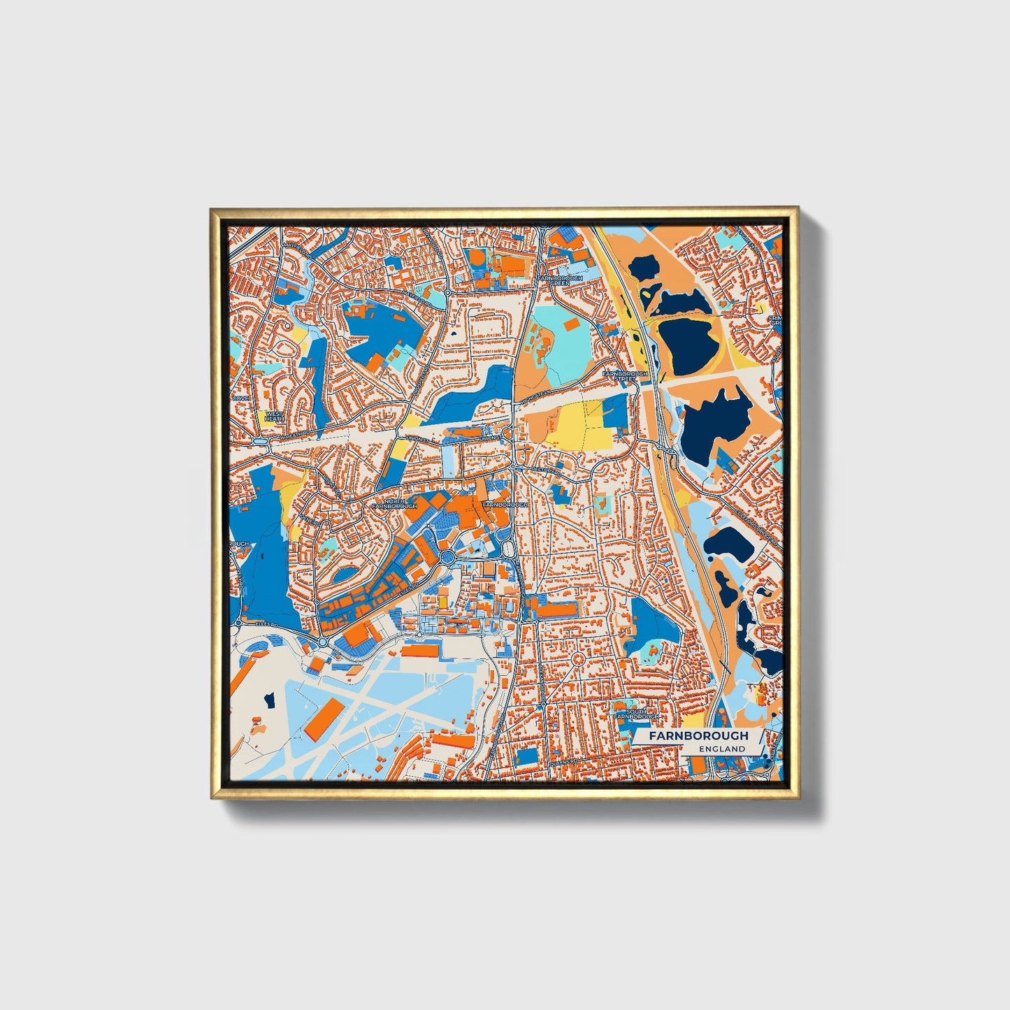 Farnborough England Colorful City Map Canvas Print • Gold Framed