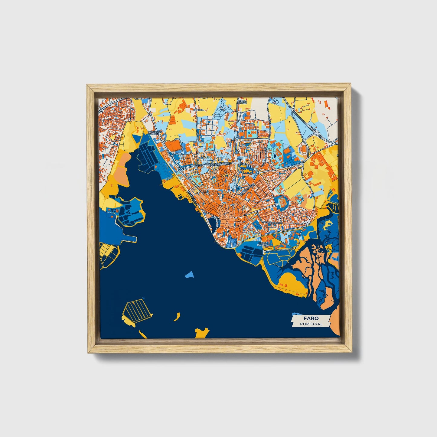 Faro Portugal Colorful City Map Canvas Print • Natural Wooden Framed