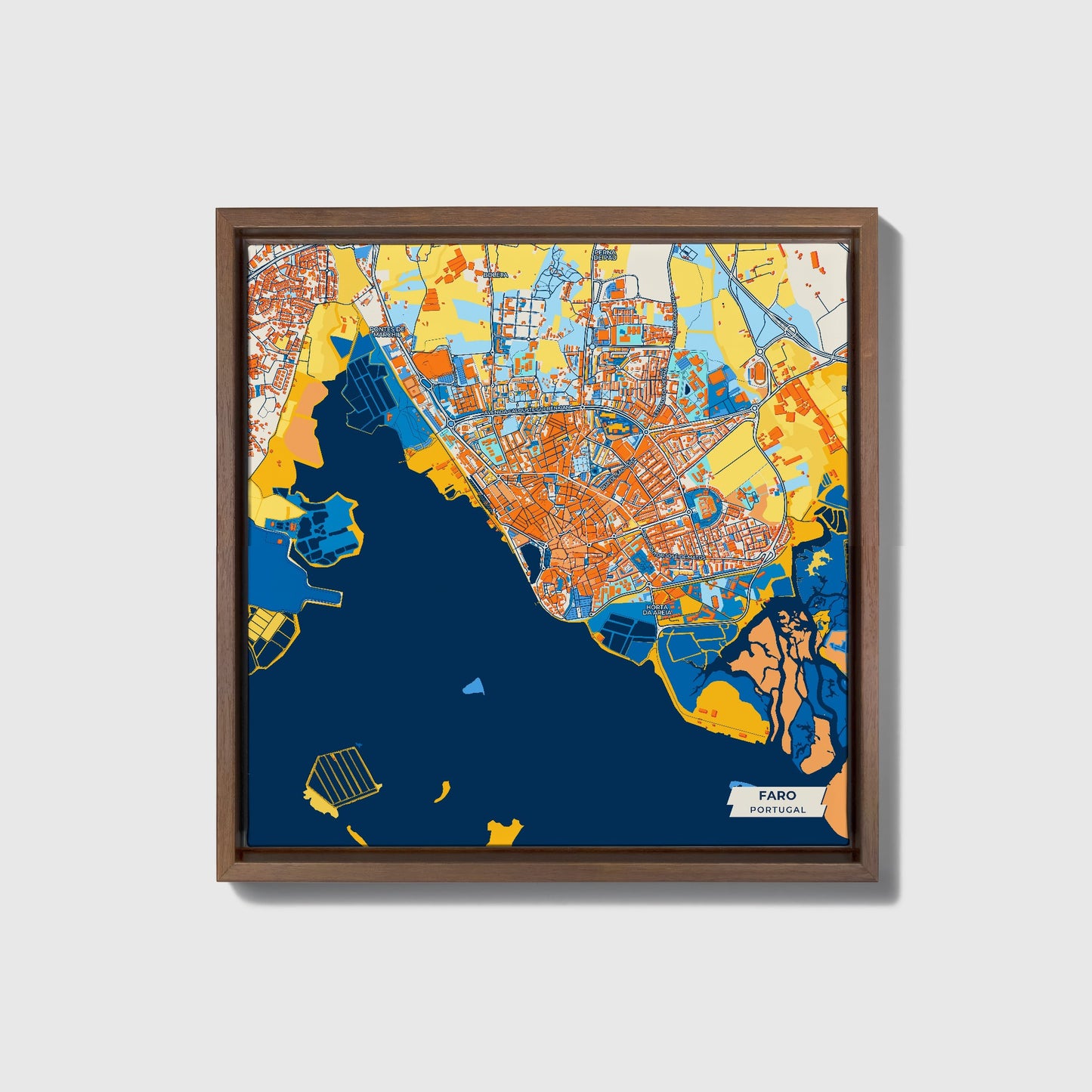 Faro Portugal Colorful City Map Canvas Print • Dark Wooden Framed