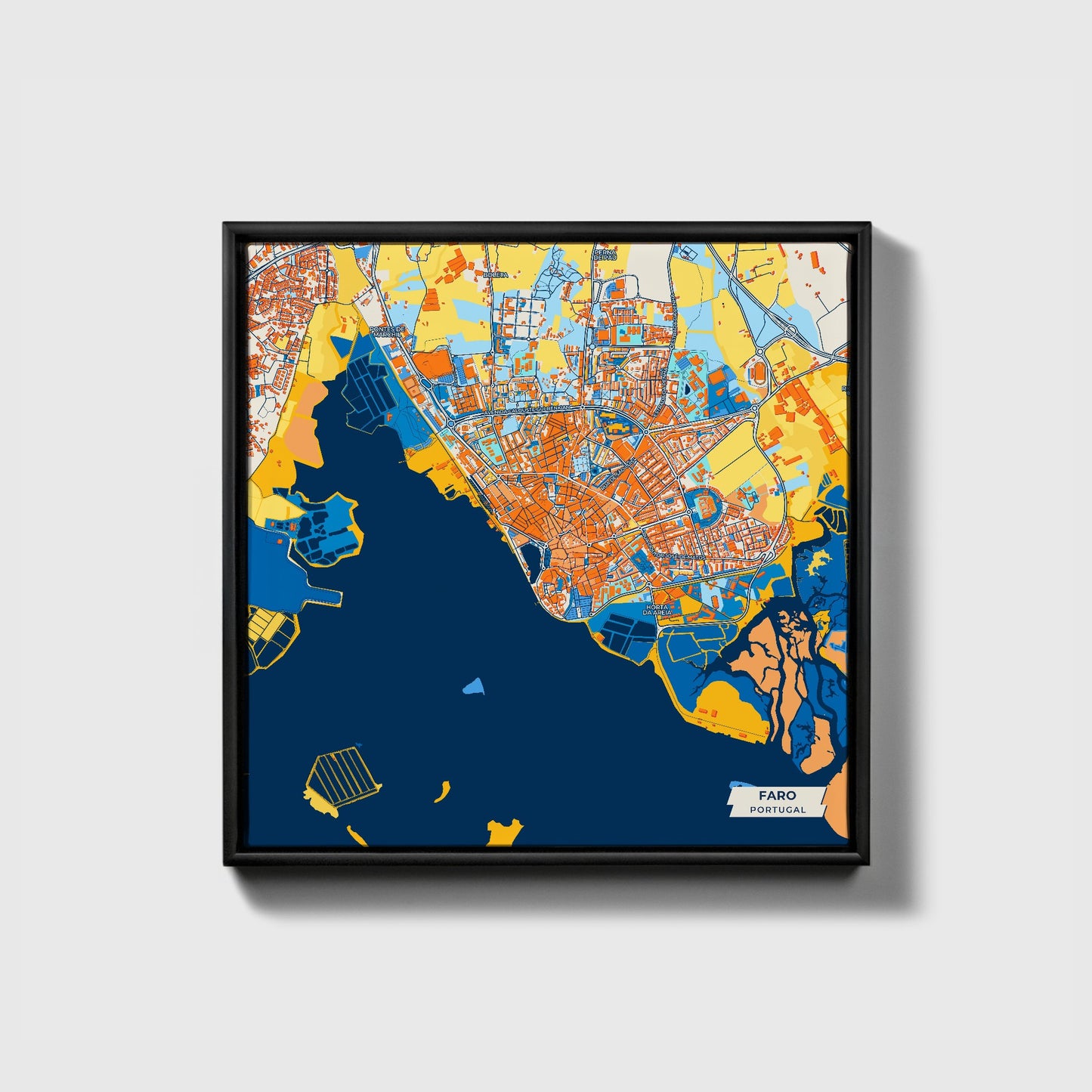 Faro Portugal Colorful City Map Canvas Print • Black Framed
