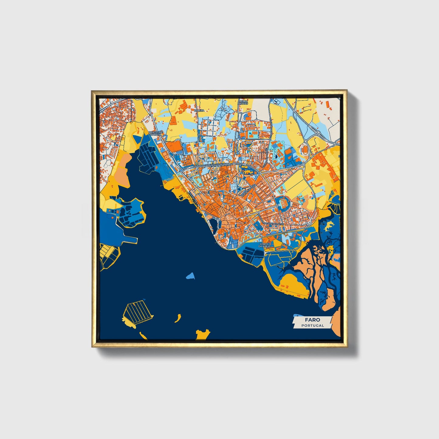 Faro Portugal Colorful City Map Canvas Print • Gold Framed