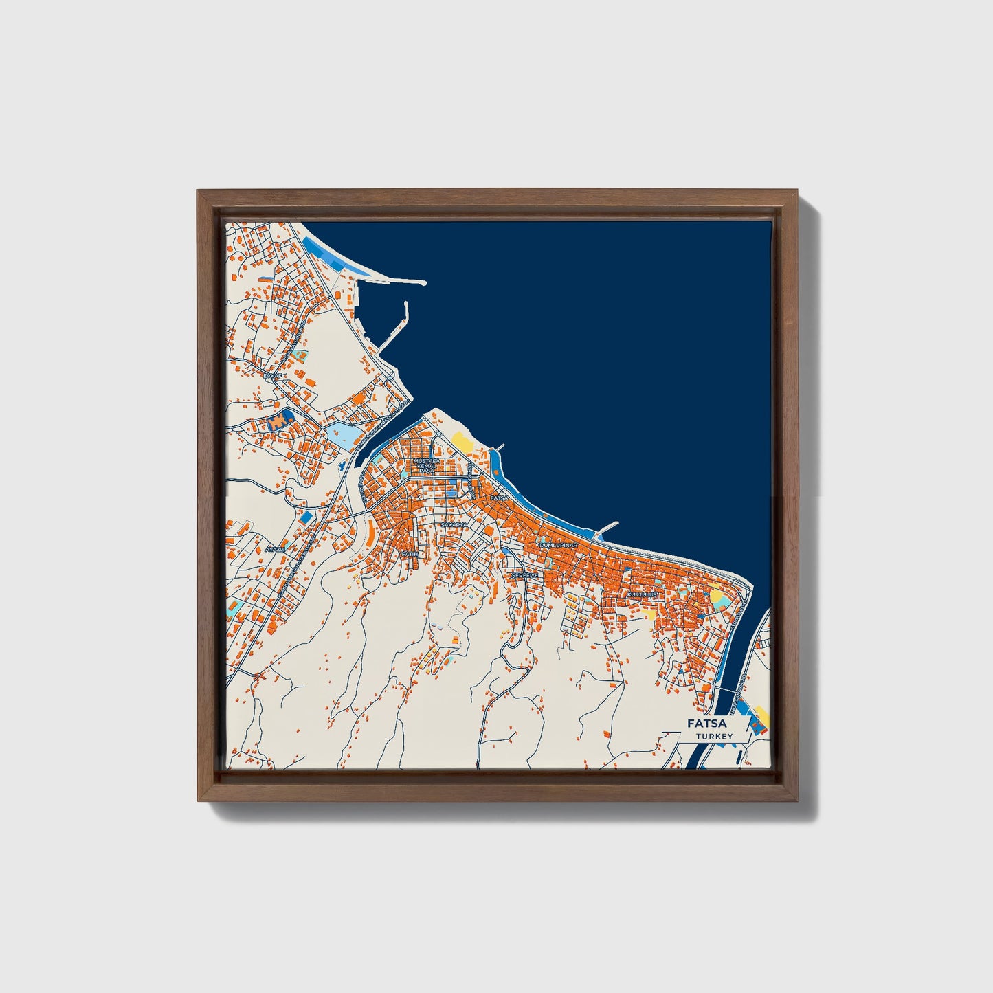 Fatsa Turkey Colorful City Map Canvas Print • Dark Wooden Framed