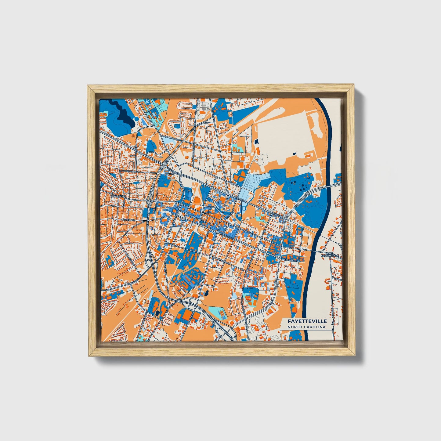 Fayetteville North Carolina Colorful City Map Canvas Print • Natural Wooden Framed
