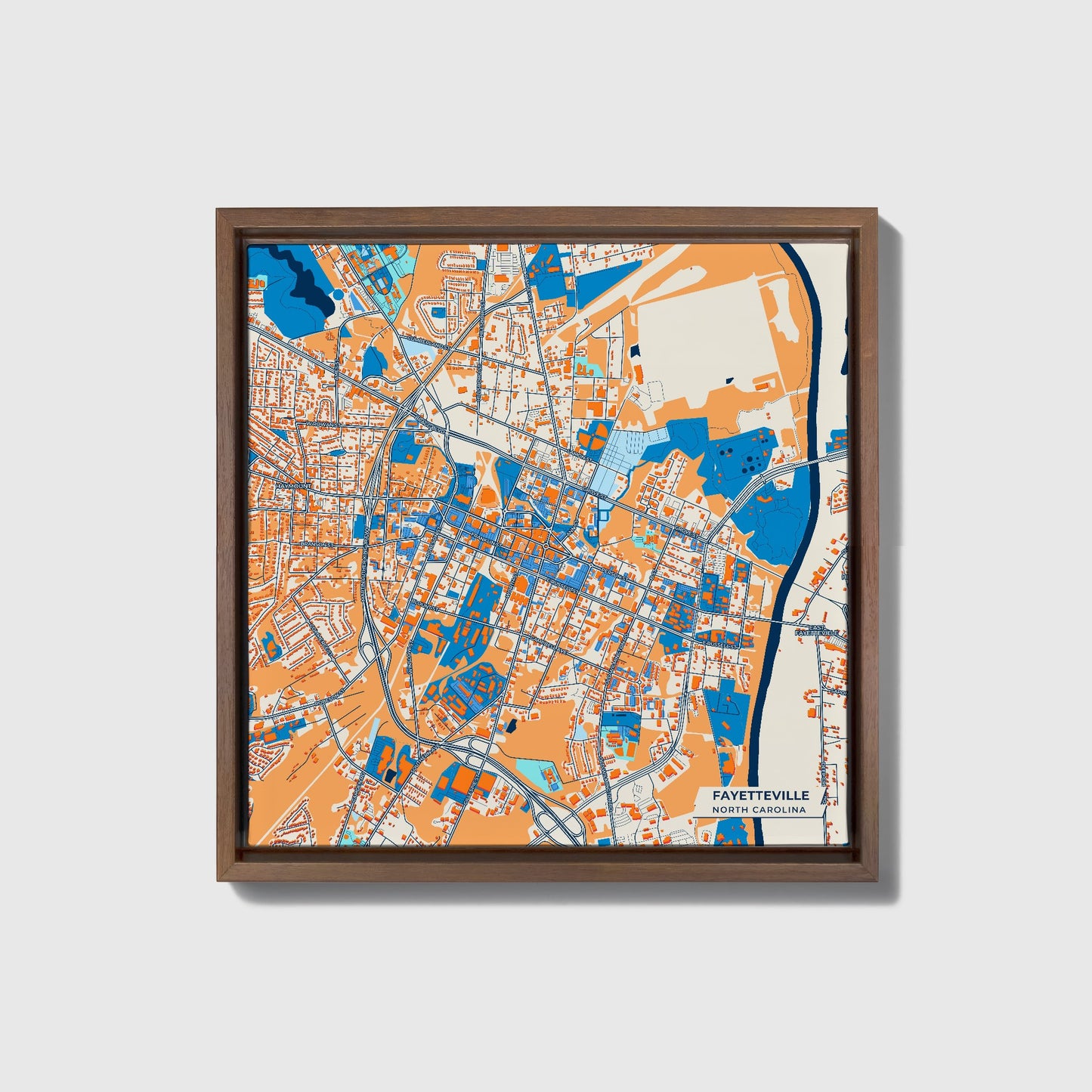 Fayetteville North Carolina Colorful City Map Canvas Print • Dark Wooden Framed
