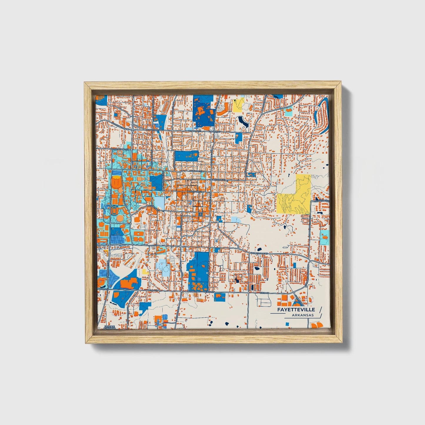 Fayetteville Arkansas Colorful City Map Canvas Print • Natural Wooden Framed