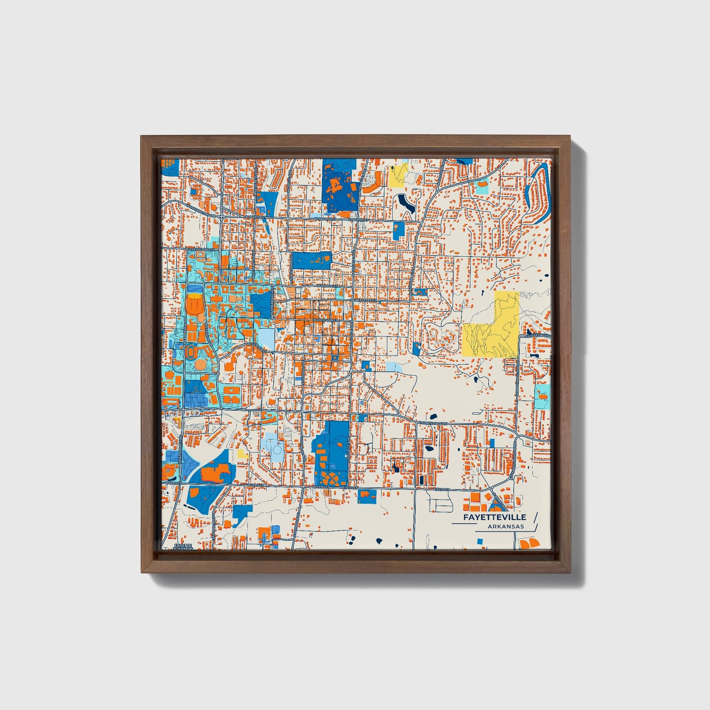 Fayetteville Arkansas Colorful City Map Canvas Print • Dark Wooden Framed