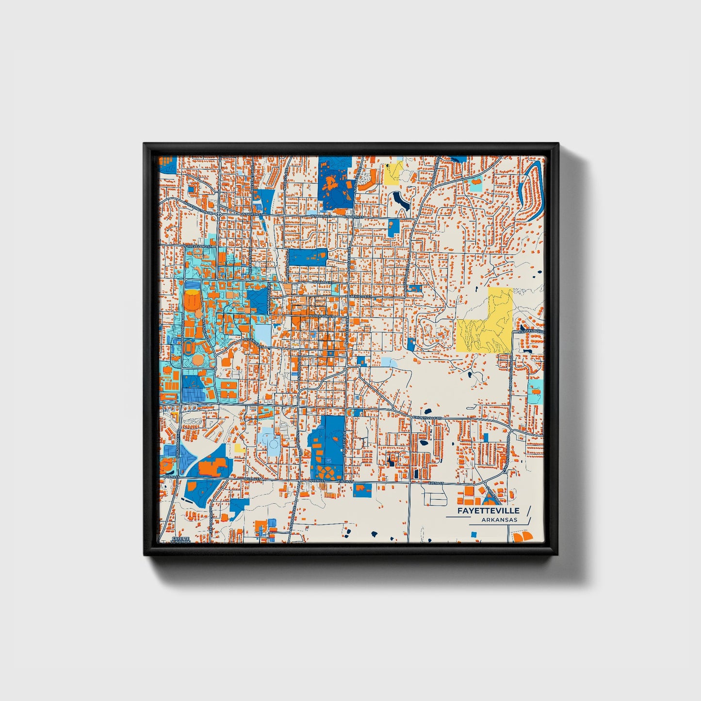 Fayetteville Arkansas Colorful City Map Canvas Print • Black Framed