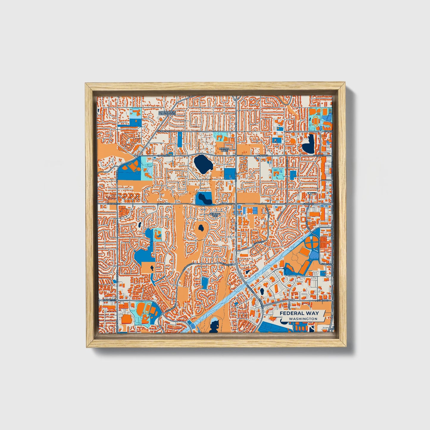 Federal Way Washington Colorful City Map Canvas Print • Natural Wooden Framed