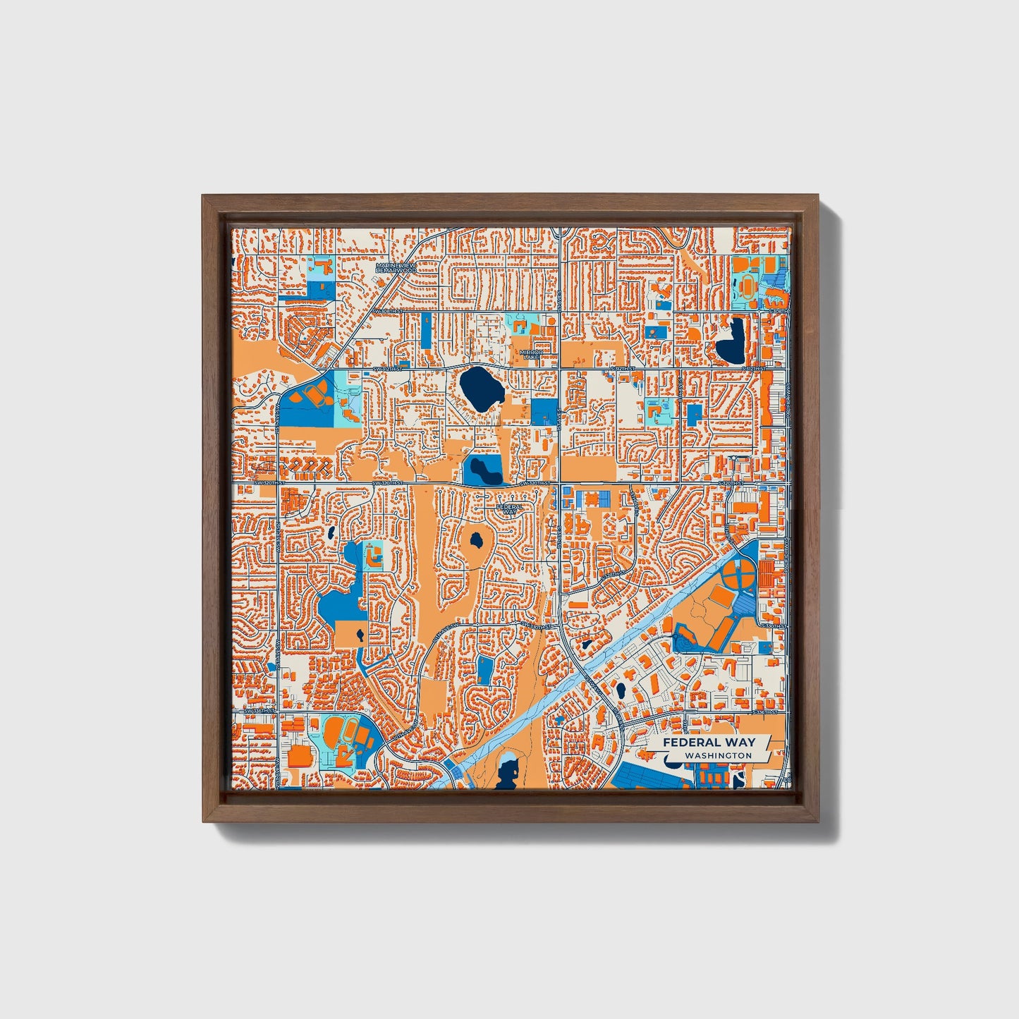 Federal Way Washington Colorful City Map Canvas Print • Dark Wooden Framed