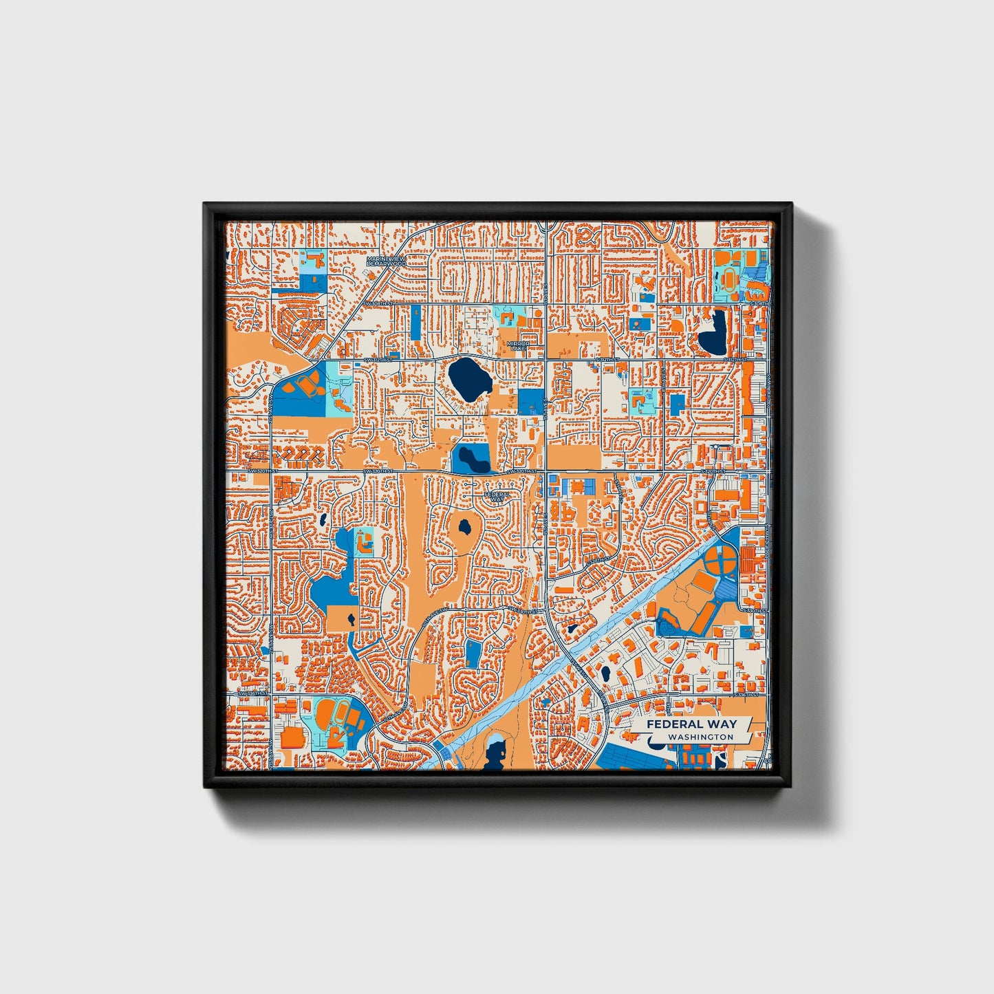Federal Way Washington Colorful City Map Canvas Print • Black Framed