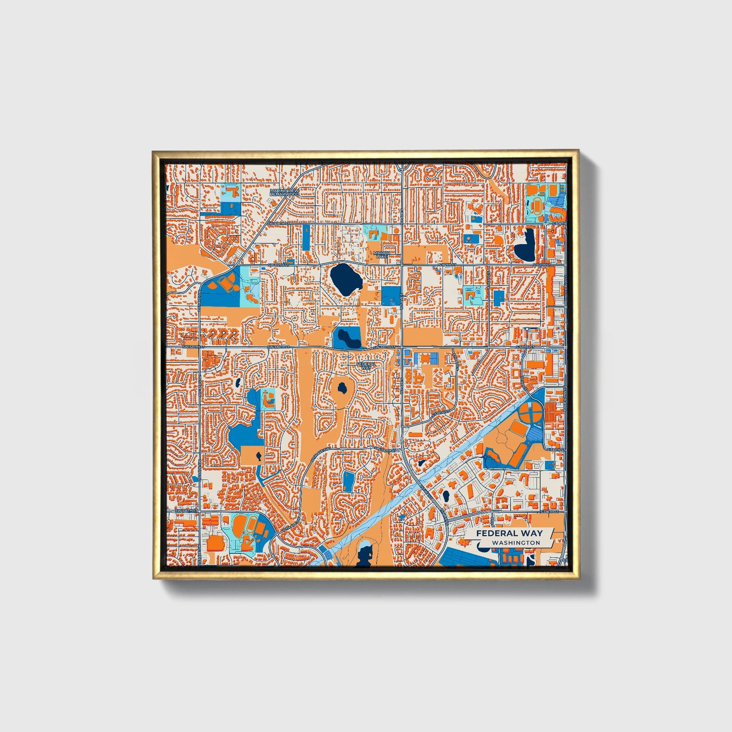 Federal Way Washington Colorful City Map Canvas Print • Gold Framed