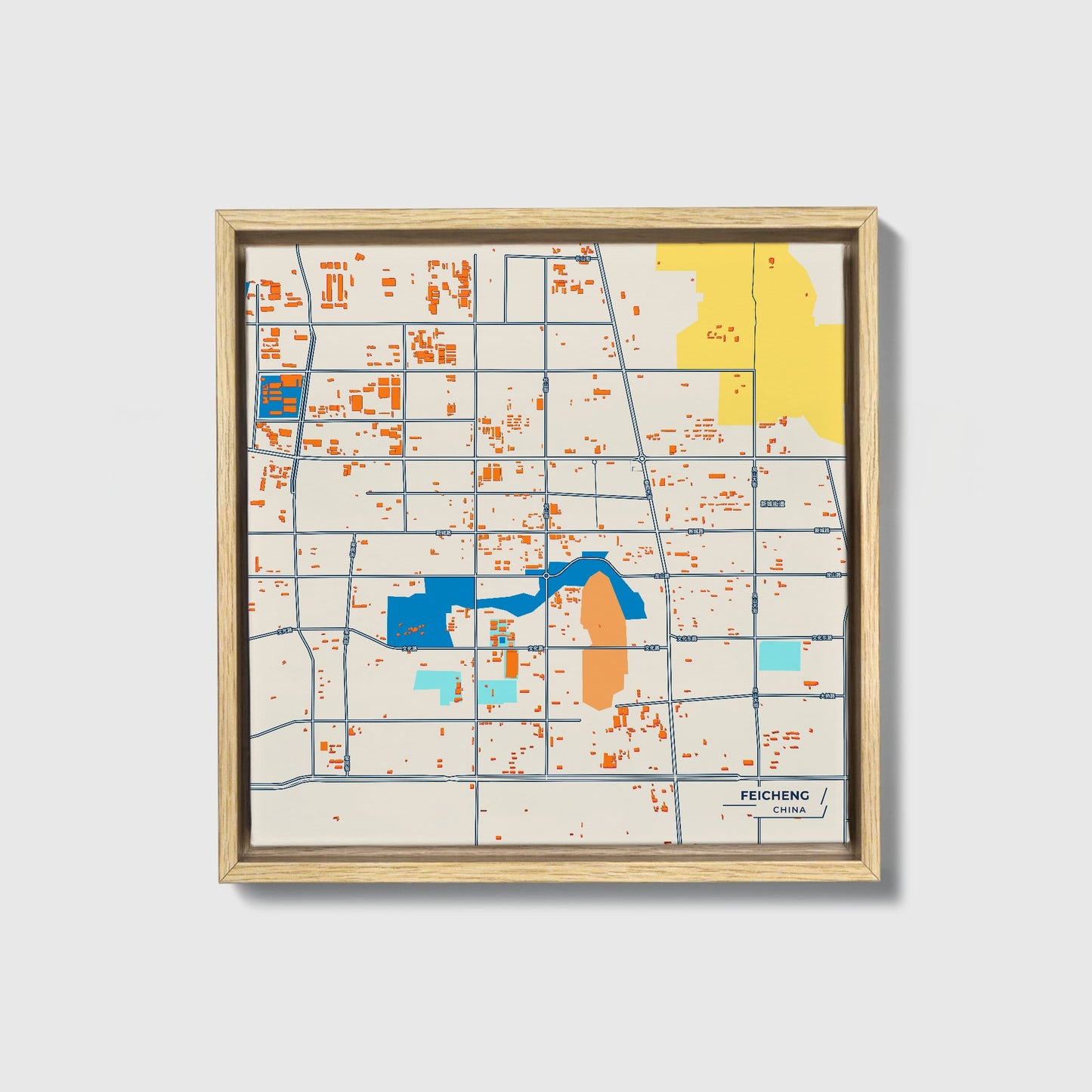 Feicheng China Colorful City Map Canvas Print • Natural Wooden Framed