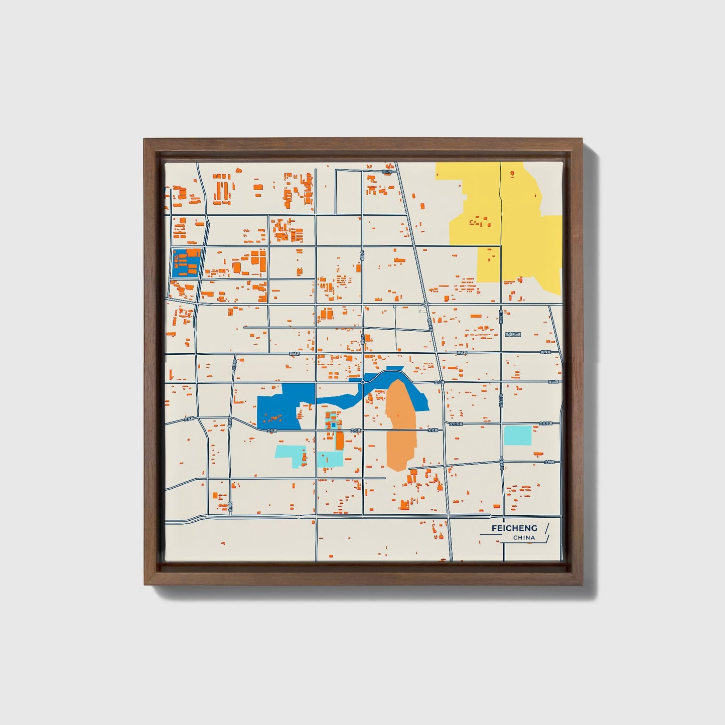 Feicheng China Colorful City Map Canvas Print • Dark Wooden Framed